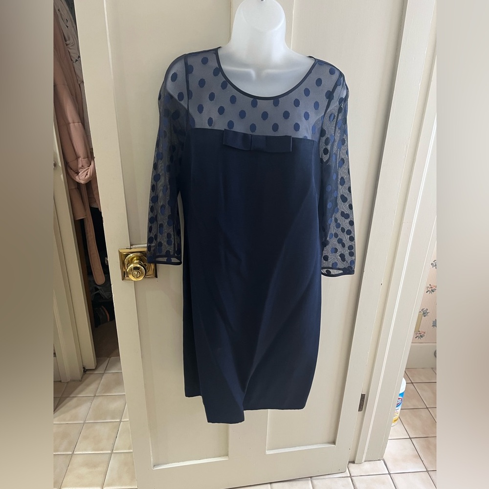 Elegant Navy Blue Dress with Sheer Polka Dot Sleeves
